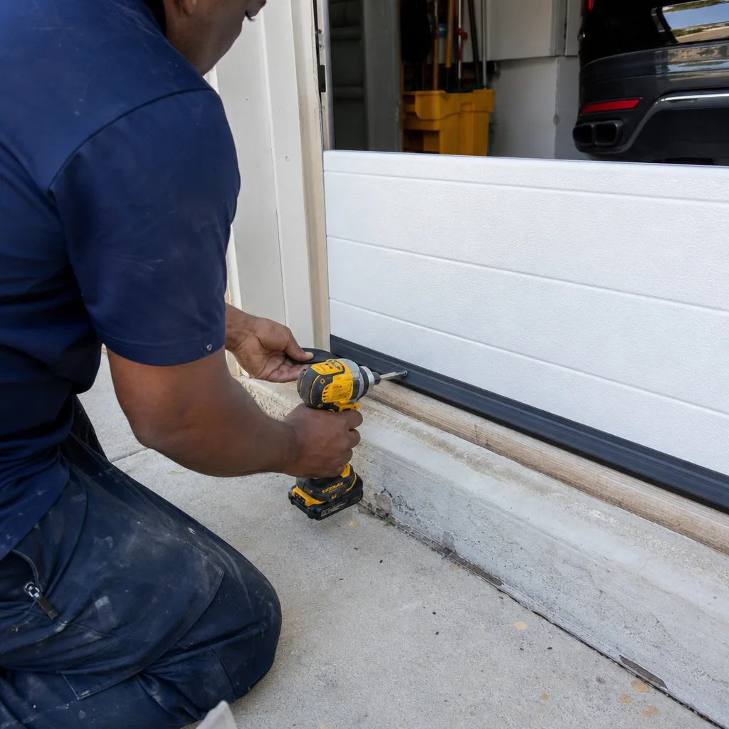 Technician using a power drill to install garage door bottom weather seal.