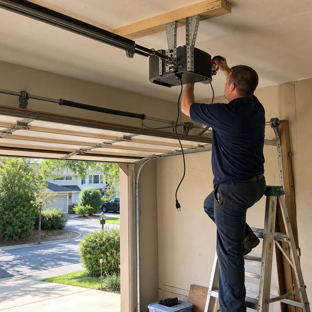 Professional technician repairing a garage door opener motor in Marietta, GA