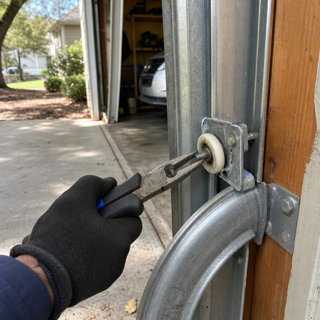 Technician using pliers to perform professional garage door roller repair