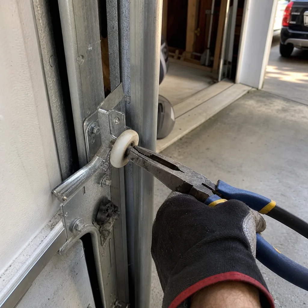 Technician using pliers to repair a garage door roller in track