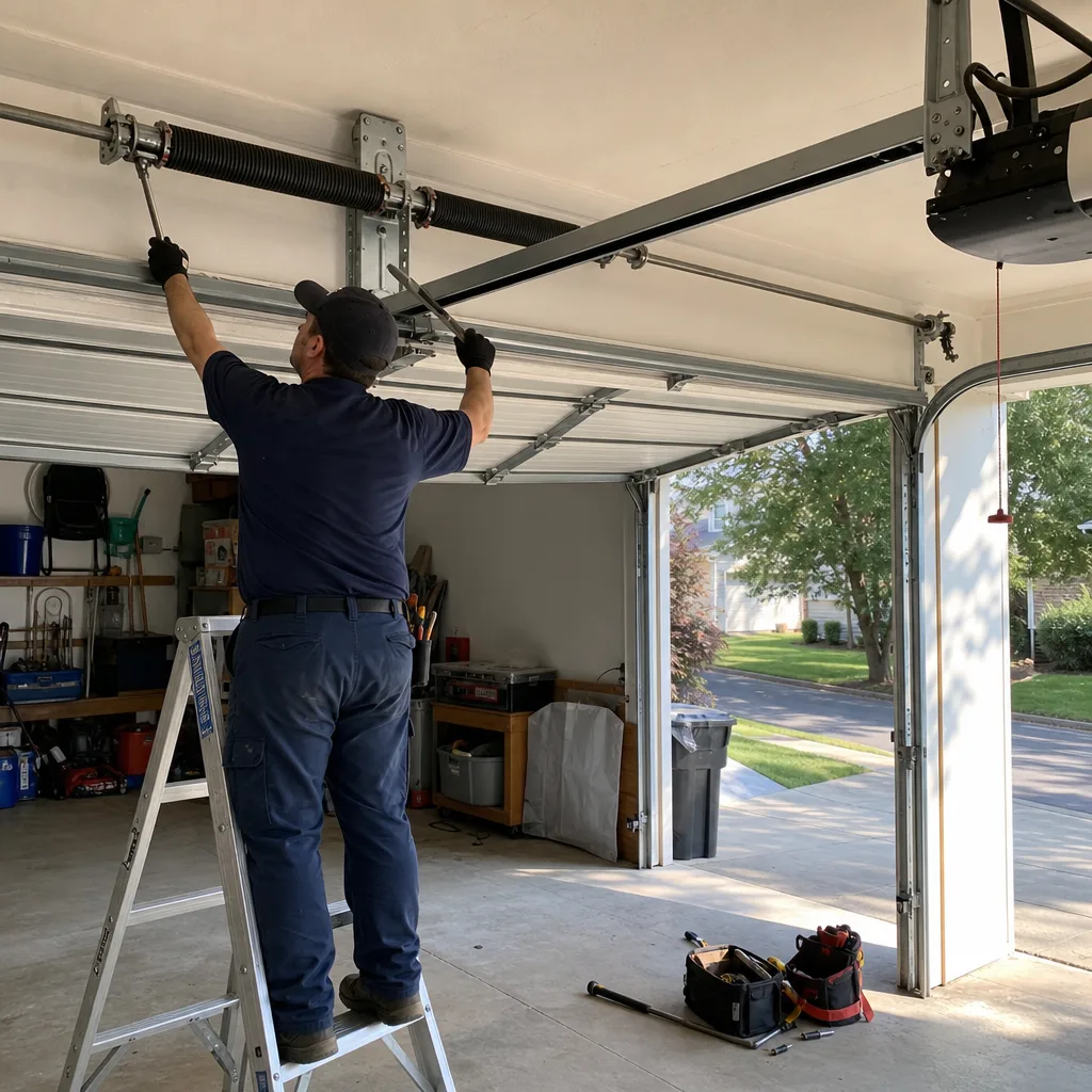 Professional technician performing garage door spring repair services