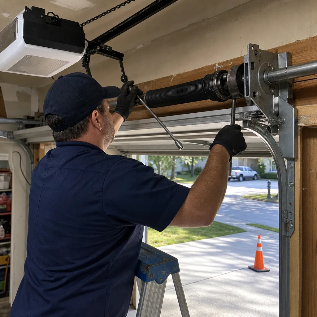 Technician performing professional garage door spring repair using winding bars