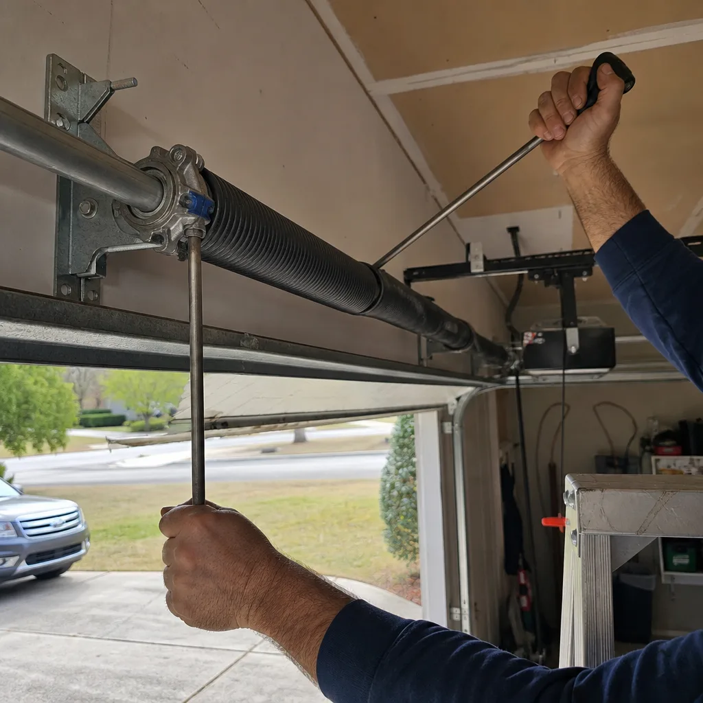 Technician performing a professional garage door torsion spring tension adjustment